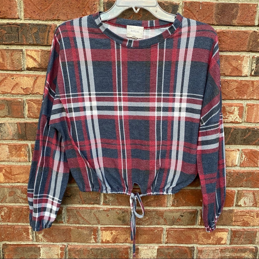 Ritual Plaid Red Crop Sweater Tie Hem Small